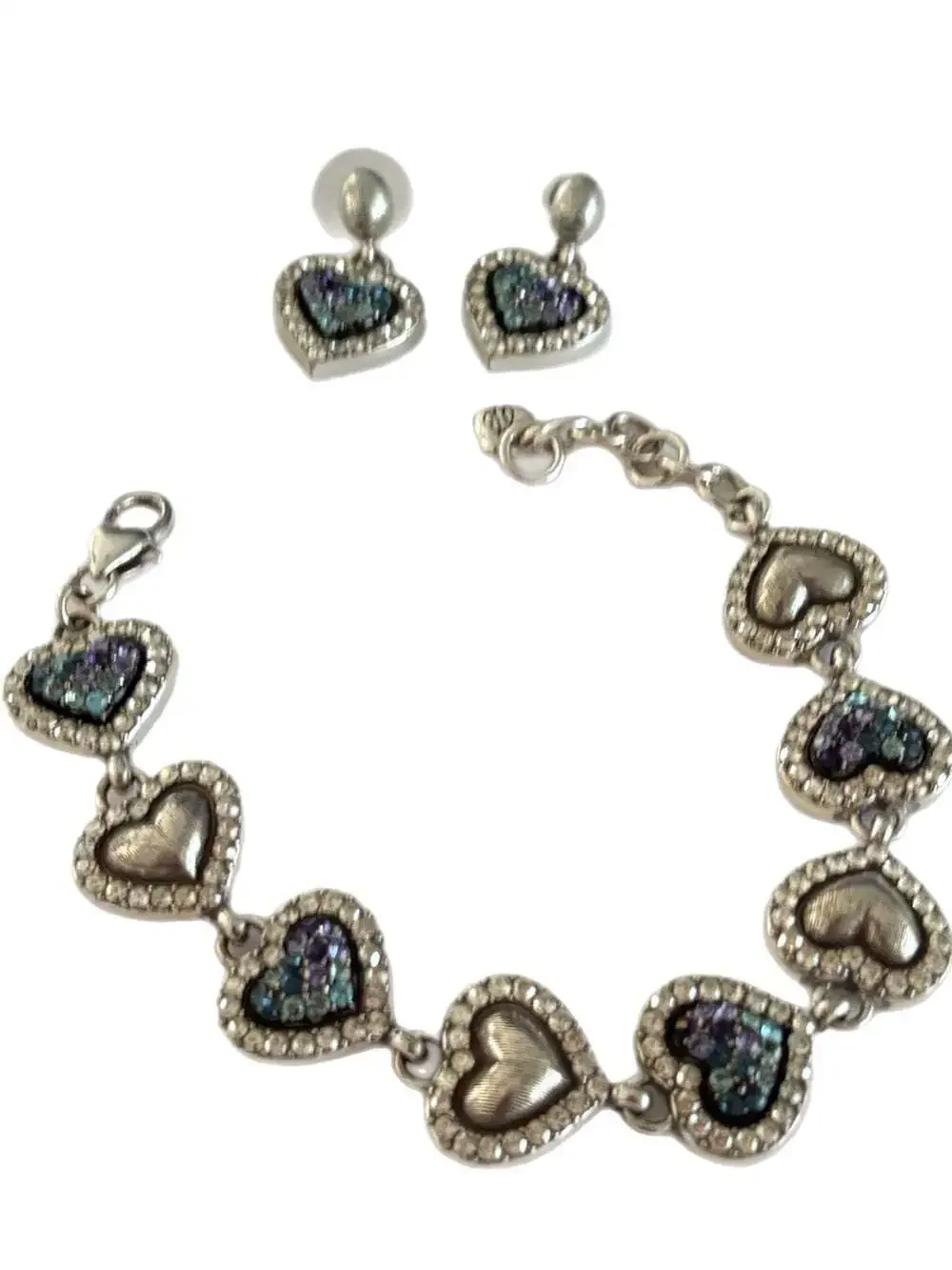 BRIGHTON SURRENDER PURPLE+BLUE SWAROVSKI CRYST HEART Matching Earrings & Bracele